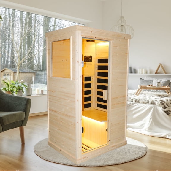 Genreen 1 Person Infrared Sauna, Full Spectrum Infrared Sauna for Home, Indoor Dry Sauna with 5 Heater Panels, Bluetooth and Glass