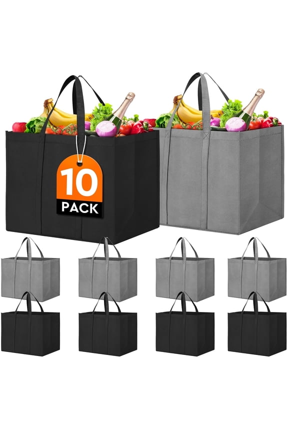 10 Pack Heavy Duty Reusable Grocery Bags, Large Foldable Shopping Totes with Long Reinforced Handles, Holds 50lbs, Bulk Eco Friendly Storage Bags for Groceries (Grey & Black)
