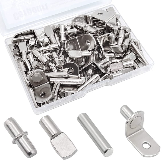 Genreen 104Pcs Shelf Pins Kit, Nickel Plated Shelf Support Pegs for Cabinets & Bookshelves, 4 Styles (5mm & 1/4 Inch) Replacement Hardware for Furniture