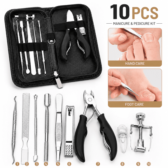 Genreen 10Pcs/set Ingrown Toenail Tools Kit, Nail Treatment Foot Tool,Ingrown Toenail Removal Correction Clippers, Surgery Grade Nail File Lifter, Professional Pedicure Tool
