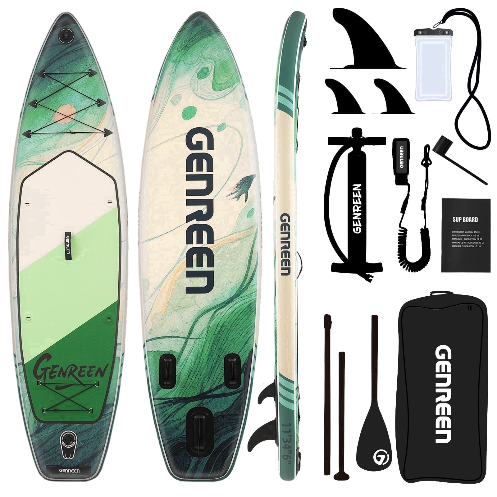 Genreen 11ft Inflatable  Stand up Paddle Board, Fishing Paddle Board with  SUP Accessories for Youth & Adults