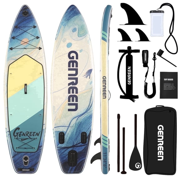 Genreen 11ft Inflatable Stand up Paddle Board, All Around Lightweight Fishing SUP for Adults with Premium Accessories