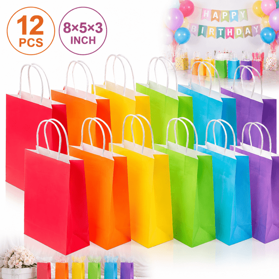 Ustris 12-Pack Rainbow Colored Gift Bags with Handles - 8 "X5"X3" Small Party Favor Bags, Recyclable Goodie Bags for Birthdays, Baby Showers, Weddings, Holidays & Celebrations , gift bag bulk