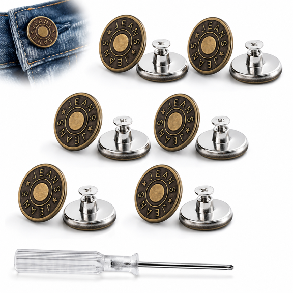 Genreen 12 Sets Adjustable Buttons for Jeans, 20mm No Sew Instant Metal Buttons, Removable Jean Buttons Replacement Repair Kit with Threads Rivets and Screwdriver