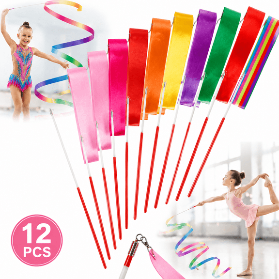 Ustris 12pcs Dance Ribbons, batons for twirling, Rainbow Gymnastics Ribbon Wands for Dancer, Dance Twirling Sticks Batons Streamers for Artistic Dancing, Talent Shows Dance Floor Party Props