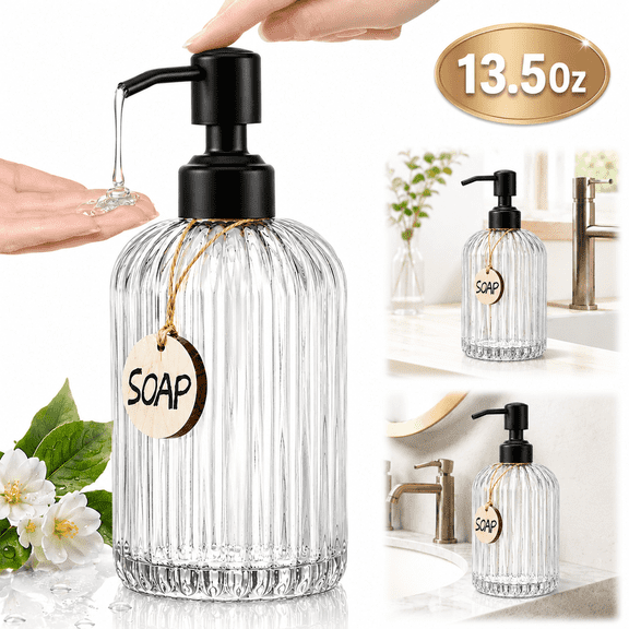 Ustris 13.5 Oz Simple Glass Soap Dispenser with Black Rust Proof Pump,Refillable Kitchen soap Dispenser with Vertical Stripe, Bathroom Soap Dispenser for Dispense Hand soap, Dish Soap, Lotion.