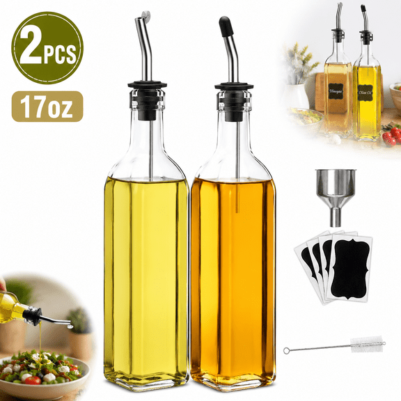 Genreen 2-Pack Glass Olive Oil & Vinegar Dispenser Set (17oz/500ml) Lead-Free Square Cruet Bottles with Stainless Steel Pourers, Funnel, Brush & Labels Leak-Proof Kitchen Condiment Containers