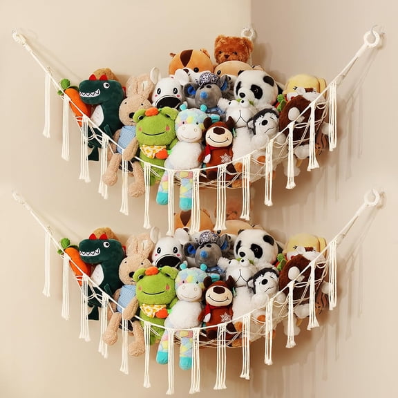 Genreen 2 Pack Stuffed Animal Hammocks, Beige ( 56"x41"x41"Macrame Corner Toy Storage Net for Plush Toys, Corner Nursery Hanging Organizer for Bedroom and Playroom