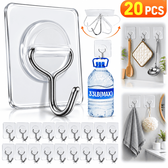Tattom 20 PCS Adhesive Wall Hooks for Hanging Heavy Duty 33lb(Max), Waterproof and Rustproof Transparent Self Adhesive Hooks for Bathroom Kitchen Outdoor and Home Improvement