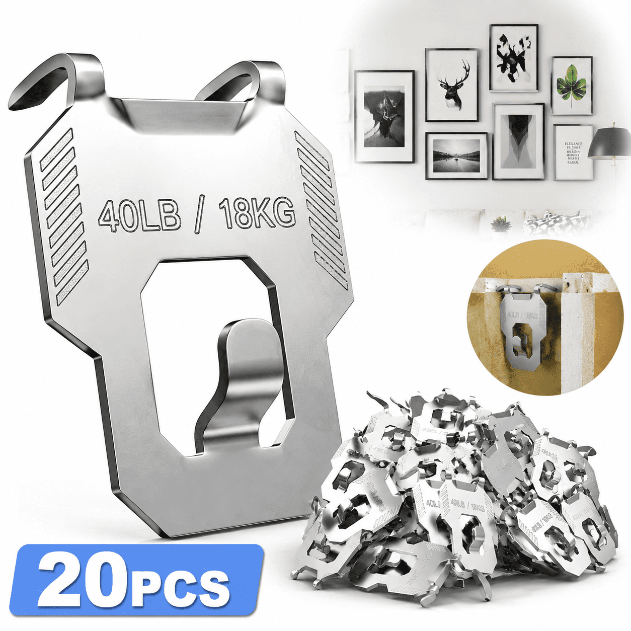 Genreen 20Pcs Claw Drywall Picture Hanger: Wall Hooks for Hanging Picture Mirror Photo Poster Kit - No Damage Heavy Duty Wall Hanger for Room Office Decor Easy Tool-Free Nail-Free Holds Up to 40Lbs