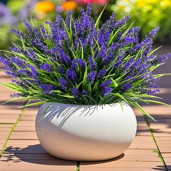 Genreen 24 Bundles Artificial Plants Flowers Outdoor Faux Lavender Flowers with Monkey Grass UV Resistant Plastic Faux Plants for Garden Porch Window Patio Hanging Planter Home Decor