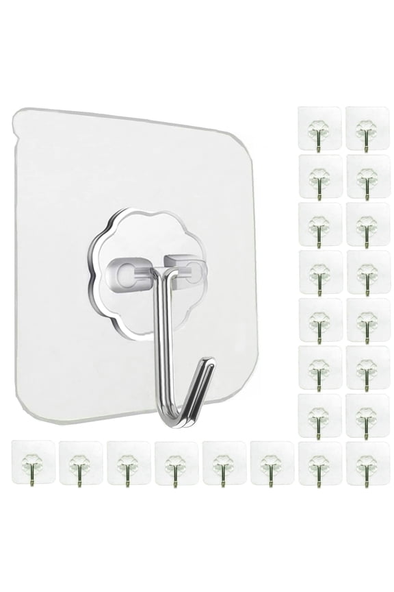 24 Pack Heavy Duty Self Adhesive Hooks - 33lb Max, Transparent, Waterproof, Sticky Wall Hooks for Keys, Bathroom, Shower, Outdoor, Kitchen, Door, Home Improvement, Utility