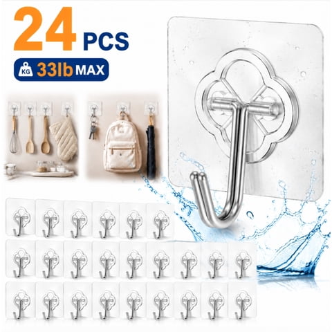 Genreen 24 Pack Heavy Duty Self Adhesive Hooks - 33lb Max, Transparent, Waterproof, Sticky Wall Hooks for Keys, Bathroom, Shower, Outdoor, Kitchen, Door, Home Improvement, Utility