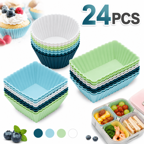 Genreen 24-Pack Silicone Baking Cups & Lunch Box Dividers  Reusable Cupcake Liners in Round, Square & Rectangular Shapes  Non-Stick Muffin Molds & Bento Organizers (Neutral Colors)