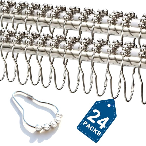 Genreen 24 Pack Stainless Steel Shower Curtain Hooks, Rust Resistant Roller Rings with Gliding Balls, Polished Nickel Heavy Duty Hangers for Bathroom Rods