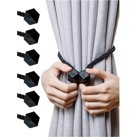 Genreen 2Pcs Magnetic Curtain Tiebacks- Upgrade with a Thicker Twist Rope & Strong Magnet Tieback Window Treatment Holdbacks Draperies Holders Decorative Drape Handmade Tie Back (Black)