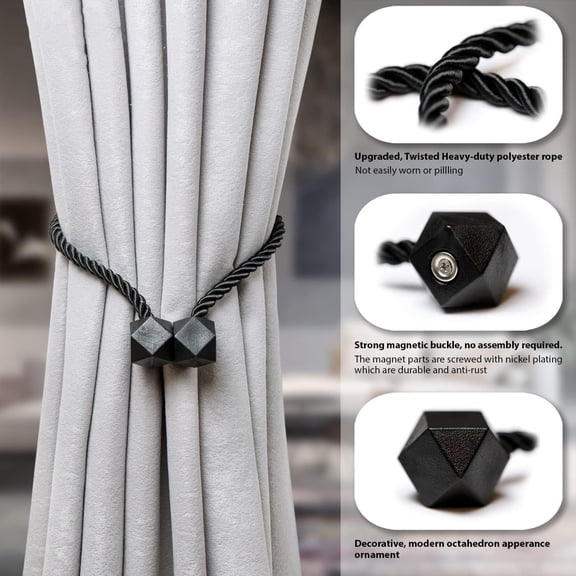 Genreen 2Pcs Magnetic Curtain Tiebacks- Upgrade with a Thicker Twist Rope & Strong Magnet Tieback Window Treatment Holdbacks Draperies Holders Decorative Drape Handmade Tie Back (Black)