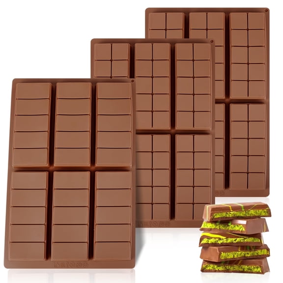 Genreen 3-Pack Deep Silicone Chocolate Bar Molds, Large Non-Stick Molds for Stuffed Dubai Pistachio Chocolate, Candy & Protein Bars, BPA-Free Bakeware Set