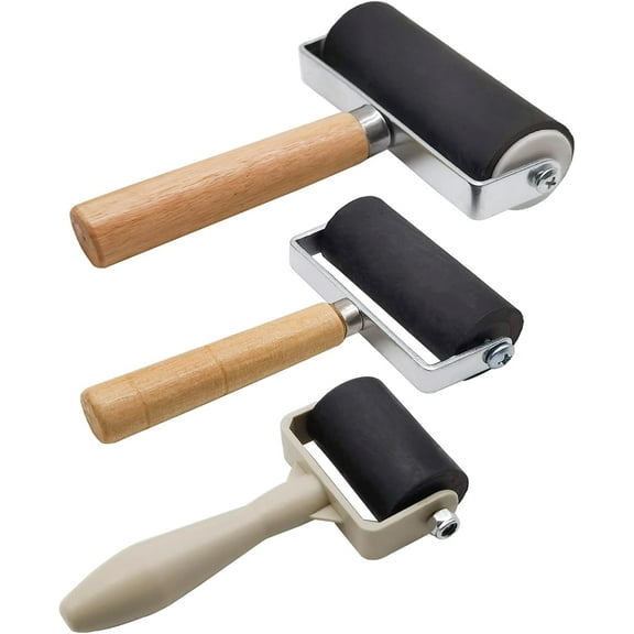 Genreen 3 Pack Rubber Brayer Roller, 1.4 /2.4 / 4 Inch Hard Rubber Brayer Rollers,Art Craft Roller for Printmaking,Ink,Wallpapers Stamping Gluing