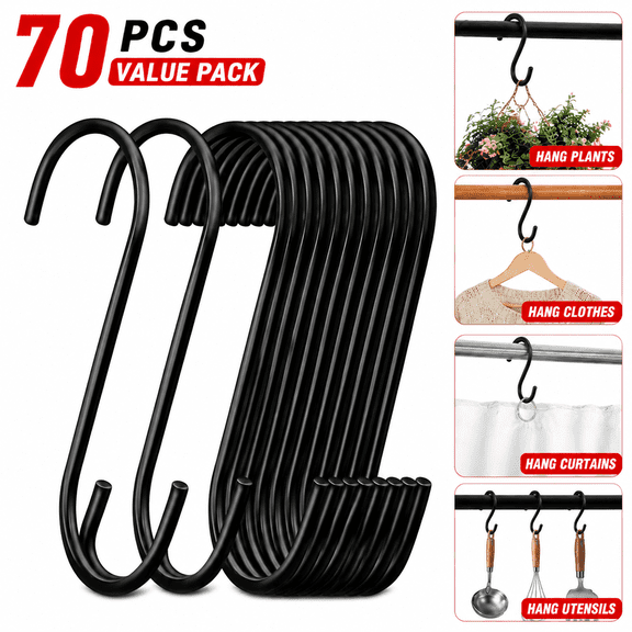 Genreen 30 Pack Black S Hooks, 3.7" Heavy Duty Steel S-Shaped Hangers for Kitchen Pots, Pans, Closet Jeans, Plants, & Towels - Fits Rods Under 1 Inch