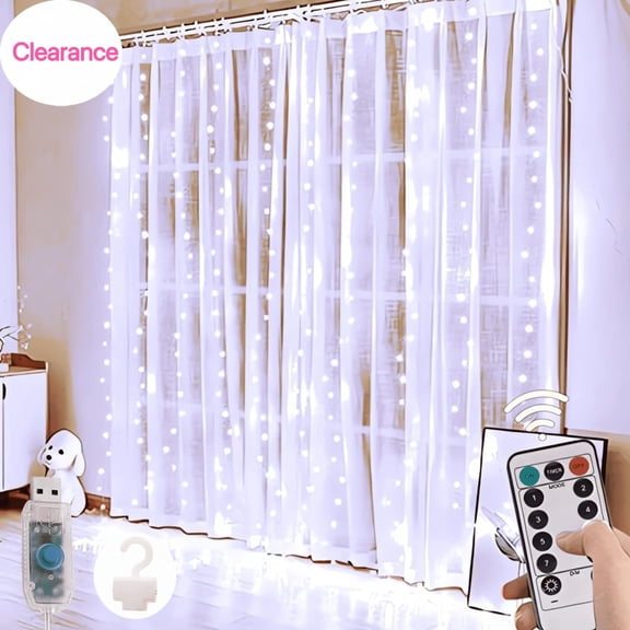 Ustris 300 LED Fairy Curtain Lights, 11.8ft x 11.8ft White Curtain String Lights, Winter Wonderland Decorations, USB Plug 8 Modes LED Christmas String Hanging Lights with Remote for Indoor Outdoor