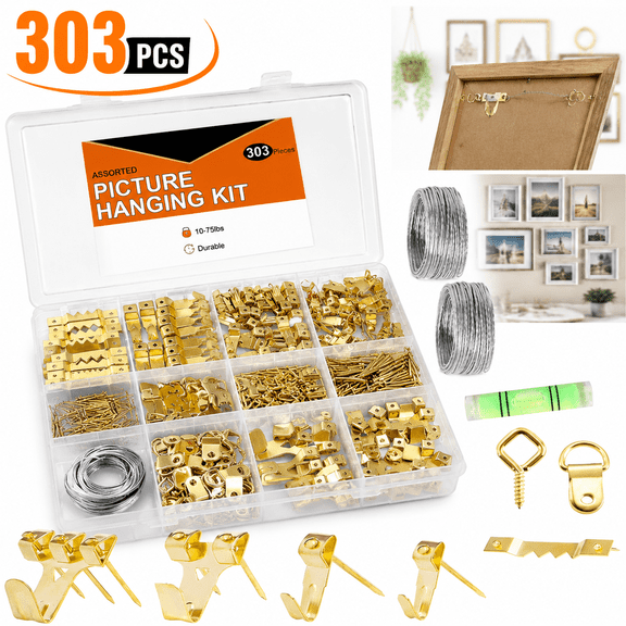 Genreen 303-Piece Picture Hanging Kit with Level Heavy Duty Assorted Wall Hooks (10-75 lbs), Nails, Sawtooth, D-Rings & Wire Professional Frame Mounting Hardware Set in Organizer Case