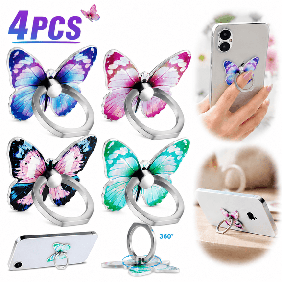 Ustris 4 PCS Butterfly Cell Phone Ring Holder Zinc Alloy Cute 360Rotation Metal Finger Pattern Painted Universal Phone Ring Holder Compatible for All Smartphone