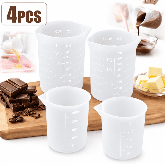 Genreen 4-Pack Silicone Measuring & Melting Cups  250ml & 350ml Heat Resistant Pouring Pitchers  Reusable Microwave Safe Tool for Chocolate, Butter, Resin, and Soap Making