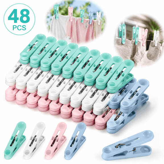 Genreen 48 Pcs Clothes Pegs, NEW Plastic Clothes Clips Clothes Pins Durable and Windproof Laundry Pegs,Strong Clothes Pegs for Washing Line Laundry Bathroom Kitchen (4 Colors, 48)