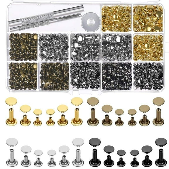 Genreen 480-Pack Leather Craft Rivets Kit - 4 Colors 3 Sizes Double Cap Metal Studs with Setting Tools for Bag, Belt, Shoe Repair & DIY Leather Decoration.
