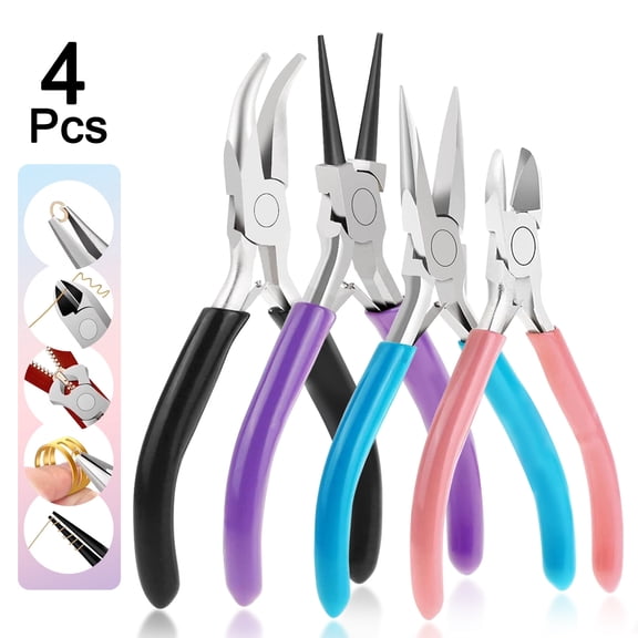 Genreen 4Pcs Jewelry Pliers Tool Set Includes Needle Nose Pliers, Round Nose Pliers, Wire Cutters and Bent Nose Pliers for Jewelry Beading Repair Making Supplies