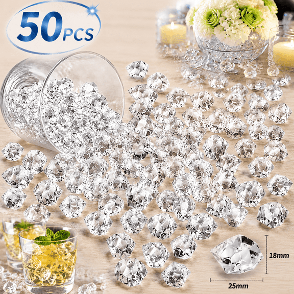 Ustris 50PCS Fake Ice, 25*18MM Fake Diamonds,  Plastic Diamonds Acrylic Rocks Vase Fillers for Centerpieces Wedding Party Table Scatter Food Display