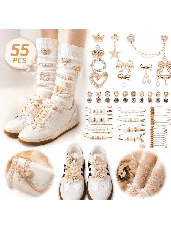 55Pcs Charms for Socks Safety Pin Brooch Junk Sock Charms Pins Gold Bling Sock Jewelry Charms,Brooch Pins for Socks Pearl Rhinestone Brooch Pins Costom Shoe Sock Charms Kit Bulk for Hat Cloth