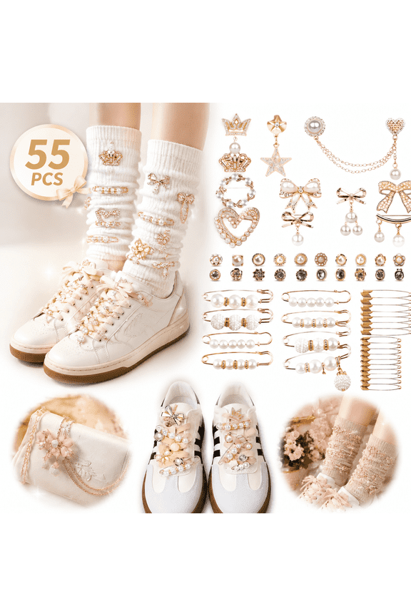 55Pcs Charms for Socks Safety Pin Brooch Junk Sock Charms Pins Gold Bling Sock Jewelry Charms,Brooch Pins for Socks Pearl Rhinestone Brooch Pins Costom Shoe Sock Charms Kit Bulk for Hat Cloth