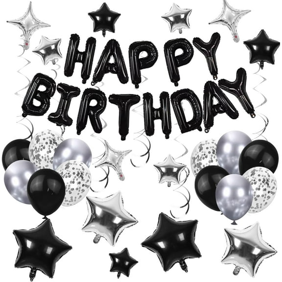 Genreen 56 PCS Happy Birthday Balloons Happy Birthday Banner Silver and Black Balloons for Boys Men Girls Women 16th 18th 20th 21st 25th 30th 40th 50th 60th Birthday Party Decorations (Black)