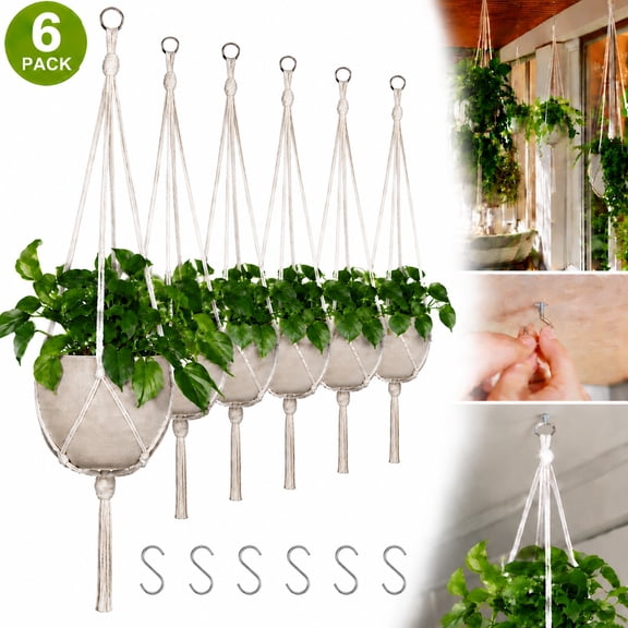 Genreen 6 Pack Macrame Plant Hanger Indoor Hanging Planters for Indoor Outdoor Plants with 6 S Hooks and 6 Hook Nails, Hanging Plant Holder 43" Boho Home Decor,Ivory