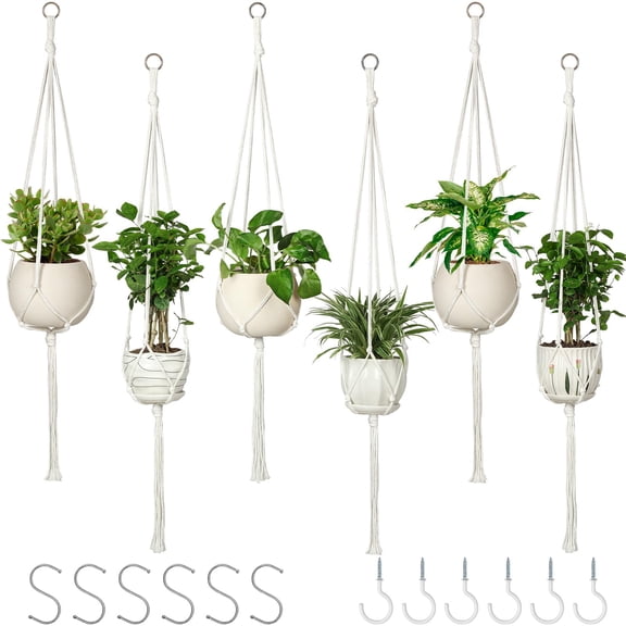 Genreen 6 Pack Macrame Plant Hanger Indoor Hanging Planters for Indoor Outdoor Plants with 6 S Hooks and 6 Hook Nails, Hanging Plant Holder 43" Boho Home Decor,Ivory