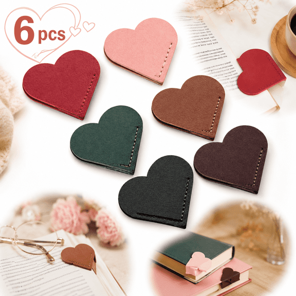 Ustris 6 Pcs Leather Heart Bookmarks, Bookmarks for Women, Cute Heart Bookmark Corner, Book Marks for Teachers Students School Office Home Supplies