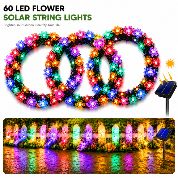 Genreen 60 LED Flower Solar String Lights 26ft string Outdoor Waterproof Fairy Lights for Garden Yard Fence Patio Christmas Tree Wedding Party Decor, Multicolor