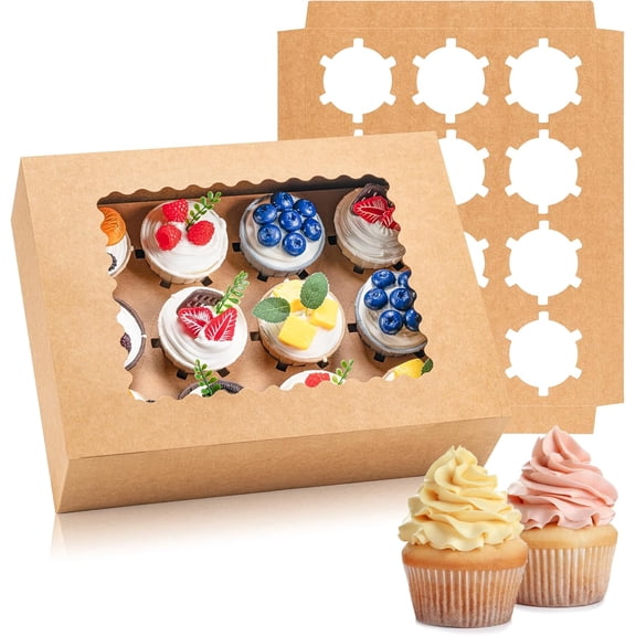 Genreen 6PCS Cupcake Boxes - Hold 12 Count Cupcake Containers with Window, Food Grade Cupcake Holder Easy Transport and Presentation - Ideal for Cupcakes, Desserts, and More (Brown)