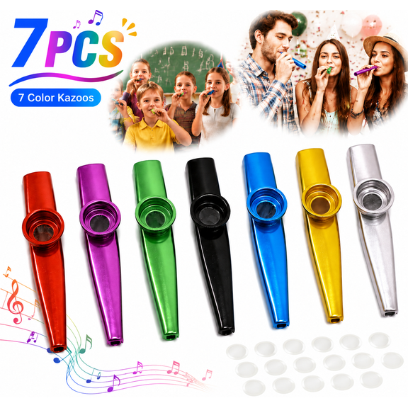 Ustris 7 Pack Metal Kazoos Musical Instruments with 20 Spare Membranes | Durable Reusable Party Favors, Music Education Tool for Adults, Beginners, Band Fun, Classroom Activity
