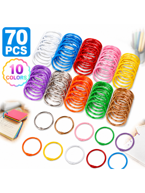 70Pcs Binder Rings, 1 1/5 Inch Metallic Loose Leaf Binder Ring, Binding Rings for Index Cards, Colorful Book Keychain Key Rings for Paper Notebook Office School Home, 10 Colors