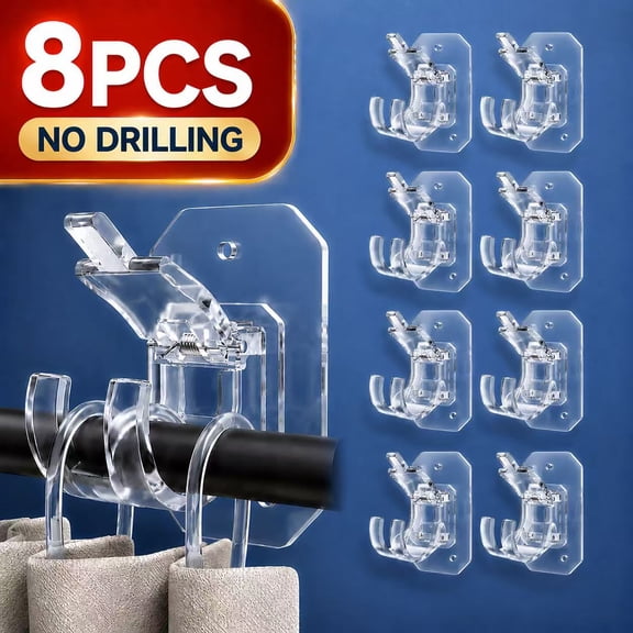 Genreen 8-Pack Self-Adhesive No-Drill Curtain Rod Brackets Transparent, Nail-Free Adjustable Hooks for Bathroom & Kitchen