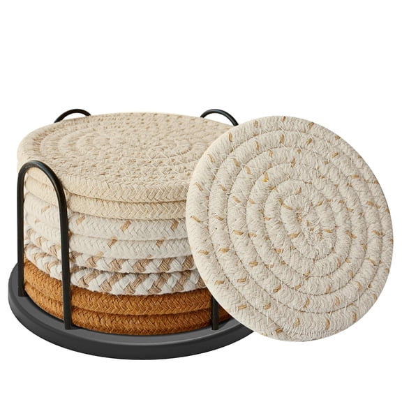 Genreen 8-Piece Woven Cotton Coaster Set with Metal Holder 4.3" Absorbent Boho Drink Mats Heat Resistant Table Protection for Coffee Mugs, Beer & Glassware (4 Assorted Colors)
