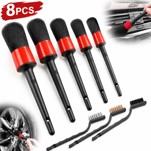 Genreen 8pcs Auto Car Detailing Brush Set Car Interior Cleaning Kit Includes 5 Boar Hair Detail Brush,3 Wire Brush for Cleaning Car Interior Exterior, Dashboard Engines Leather Wheel