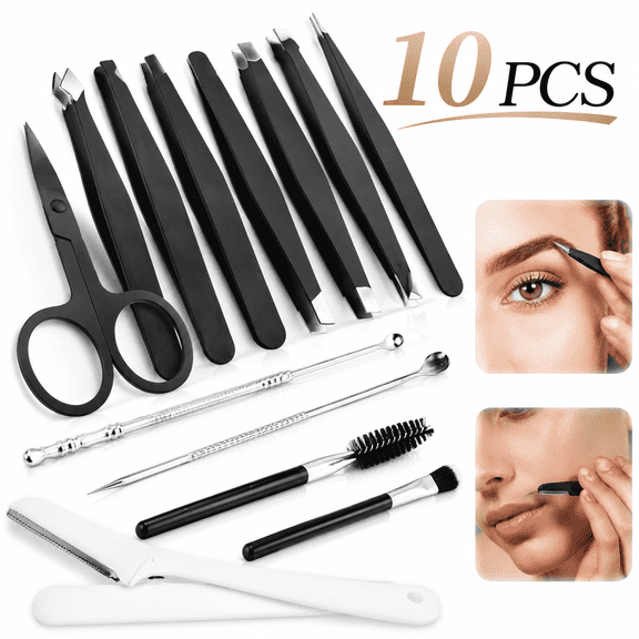 Ustris 9+1 PCS Tweezer Set for Women & Men, Stainless Steel Eyebrow Tweezers, Craft Tweezers, Eyelash Tweezers & Tweezer Kit for Facial Hair Grooming, with Scissors, Razor & Brushes, Black
