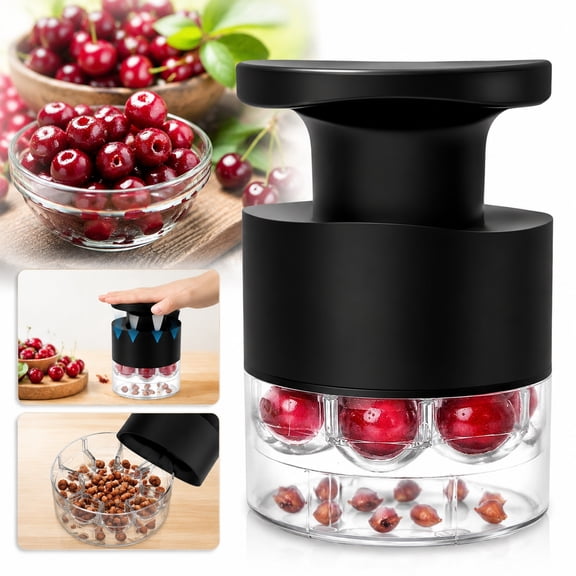 Genreen Cherry Pitter, Quick Release Multi Cherries Pitter 7-in-1, Push Button Cherr'y Core Pit'ter Tool with Splatter Protector, Pit Seed Remover for Making Jam Cherry Dishes (Black-7-Hole)