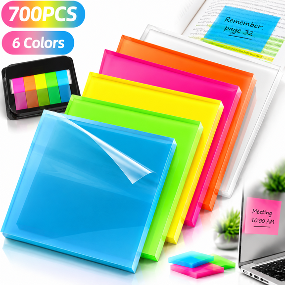 Genreen Clear Sticky Notes - 700 Sheets Transparent Post Notes (6 Colors) - Waterproof Translucent Note Taking Supplies for Books & Computers