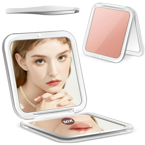 Genreen Compact Mirror, 30X Magnifying Mirror, 3.3"X3.3" Pocket Mirror for Purse, Travel Makeup Mirror with 30X/1X Magnification, Travel Essentials Mirrors, Precision Tweezers, Present for Girls