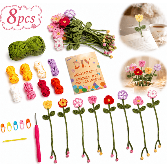 Genreen Crochet Kit for Beginners - 8 Flower Bookmarks Knitting Kit DIY Art Craft Kit for Adults , Birthday Gifts for Women Girls Teen